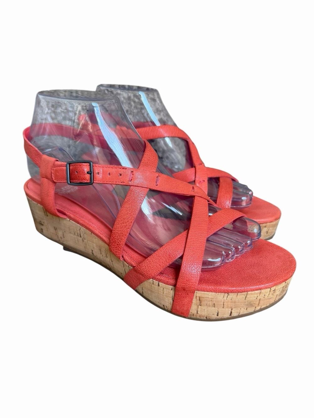 Eileen Fisher Platform Wedge Sandals Strappy Size 7.5 Coral Orange Gladiator